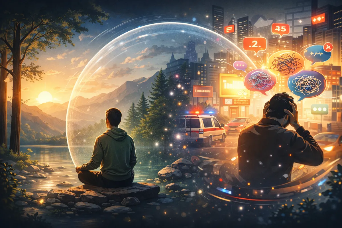 周囲の刺激から離れて静かな空間に身を置き、心を落ち着かせて内側と向き合う時間の大切さを表現したイラスト