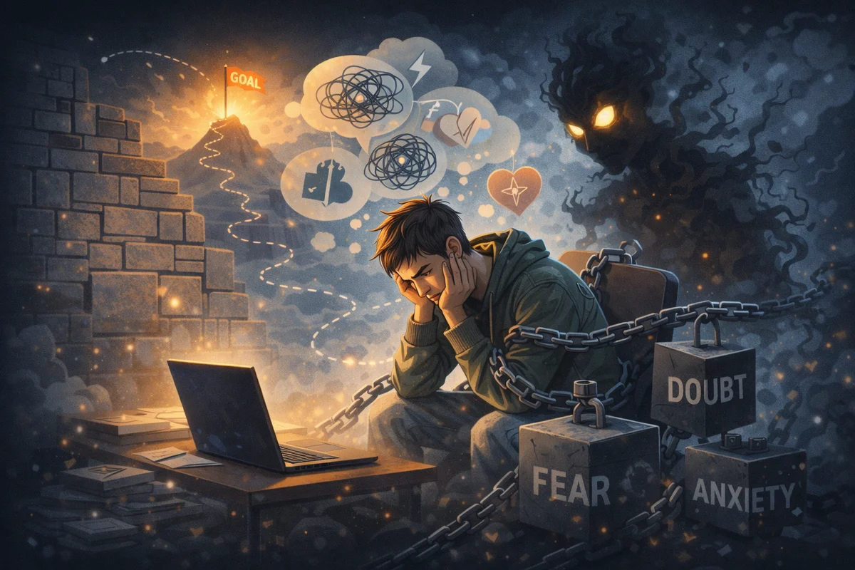 目標はあるのに動けず立ち止まってしまう人物と、心の中の不安や葛藤が行動を妨げている状態を象徴的に表現したイラスト