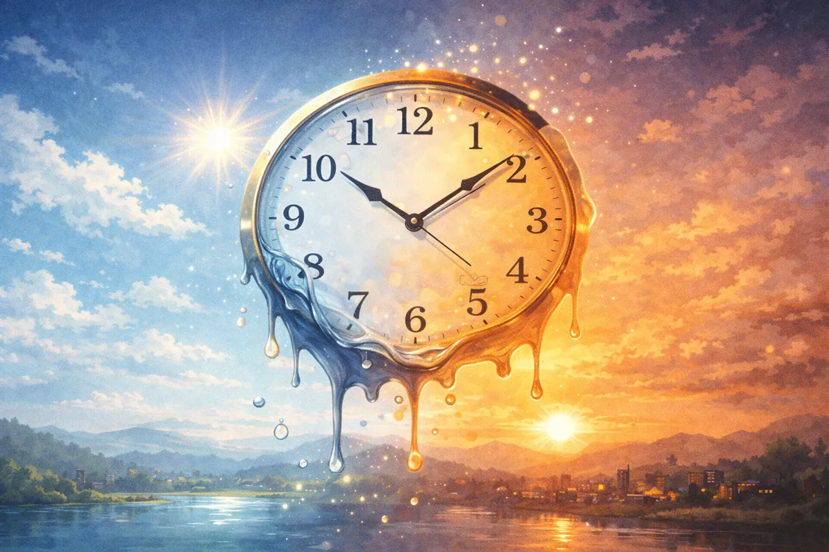 空に溶ける時計が水辺の奥行きへ伸び、光の移ろいが時間感覚をにじませる情景