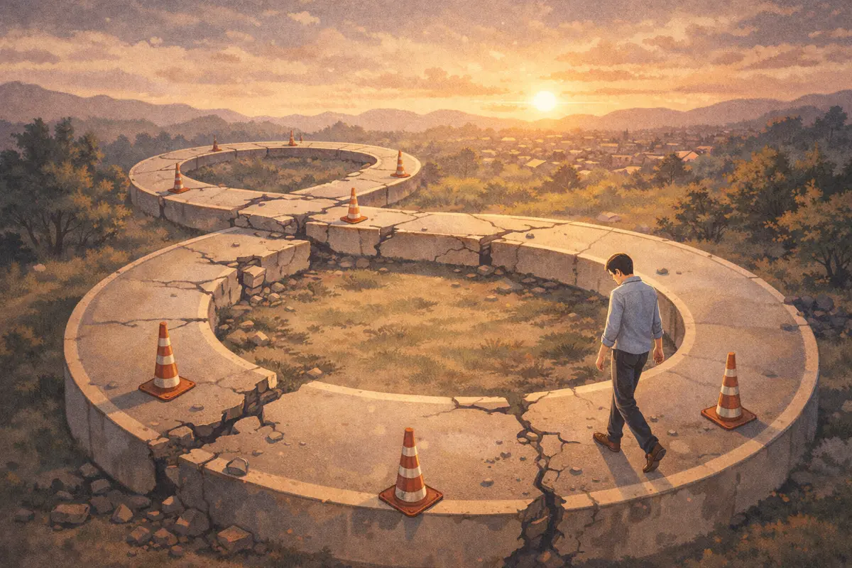 欠けた円環の道を進む人物と奥行きのある景色が、繰り返される選択の流れを示す情景