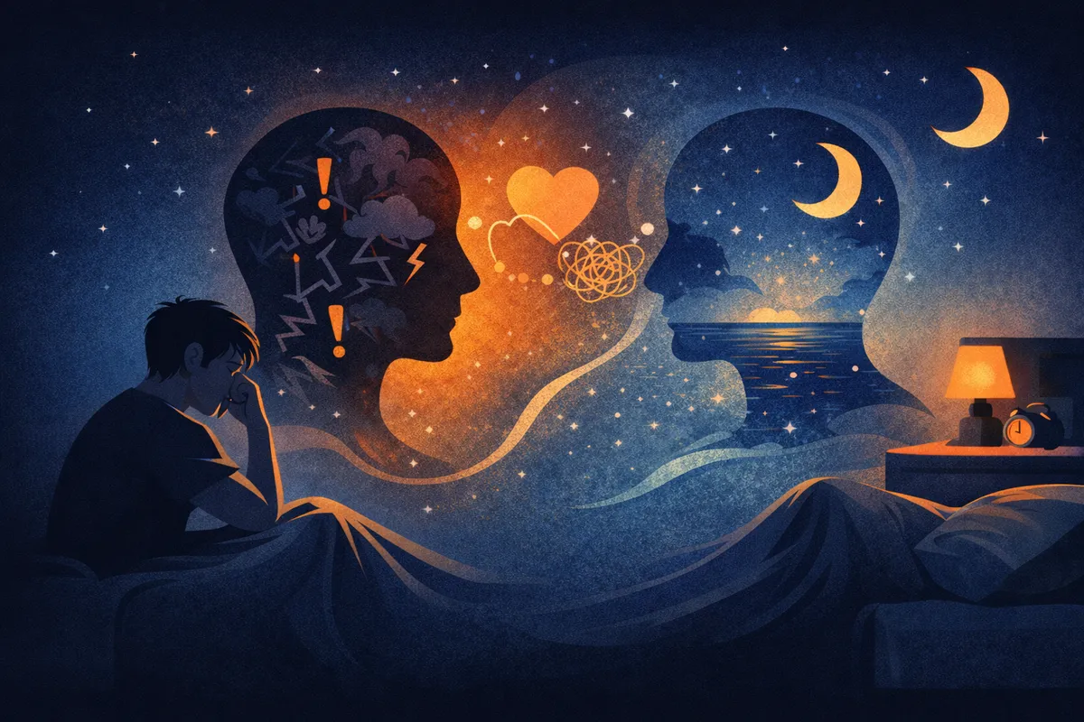 の空間に浮かぶ二つの対照的なシルエットと、静かな部屋で思案する人物を描いたイラスト