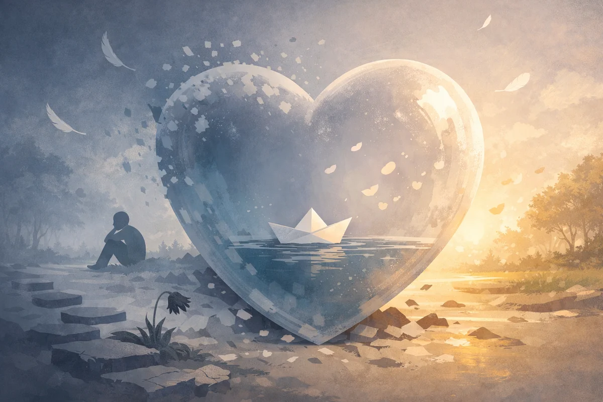 静かな風景の中、水面に浮かぶ紙の舟と透明な殻が奥行きに配置された広がりのある構図