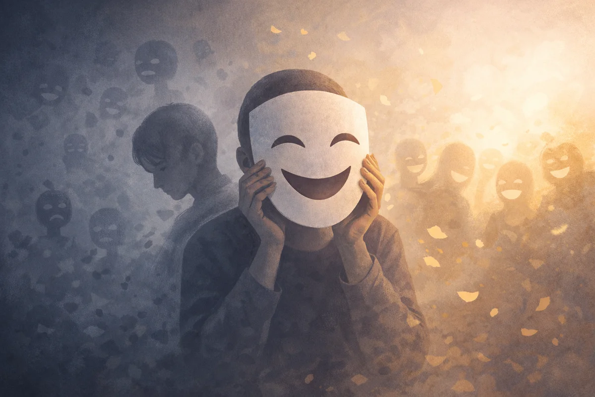 仮面を手にした人物が奥行きのある空間に配置され、周囲に重なり合う気配が漂う構図