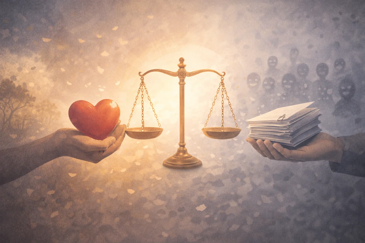 中央に天秤が置かれ、片側に心を象徴する形、反対側に重なった紙束が奥行きの中で並ぶ構図