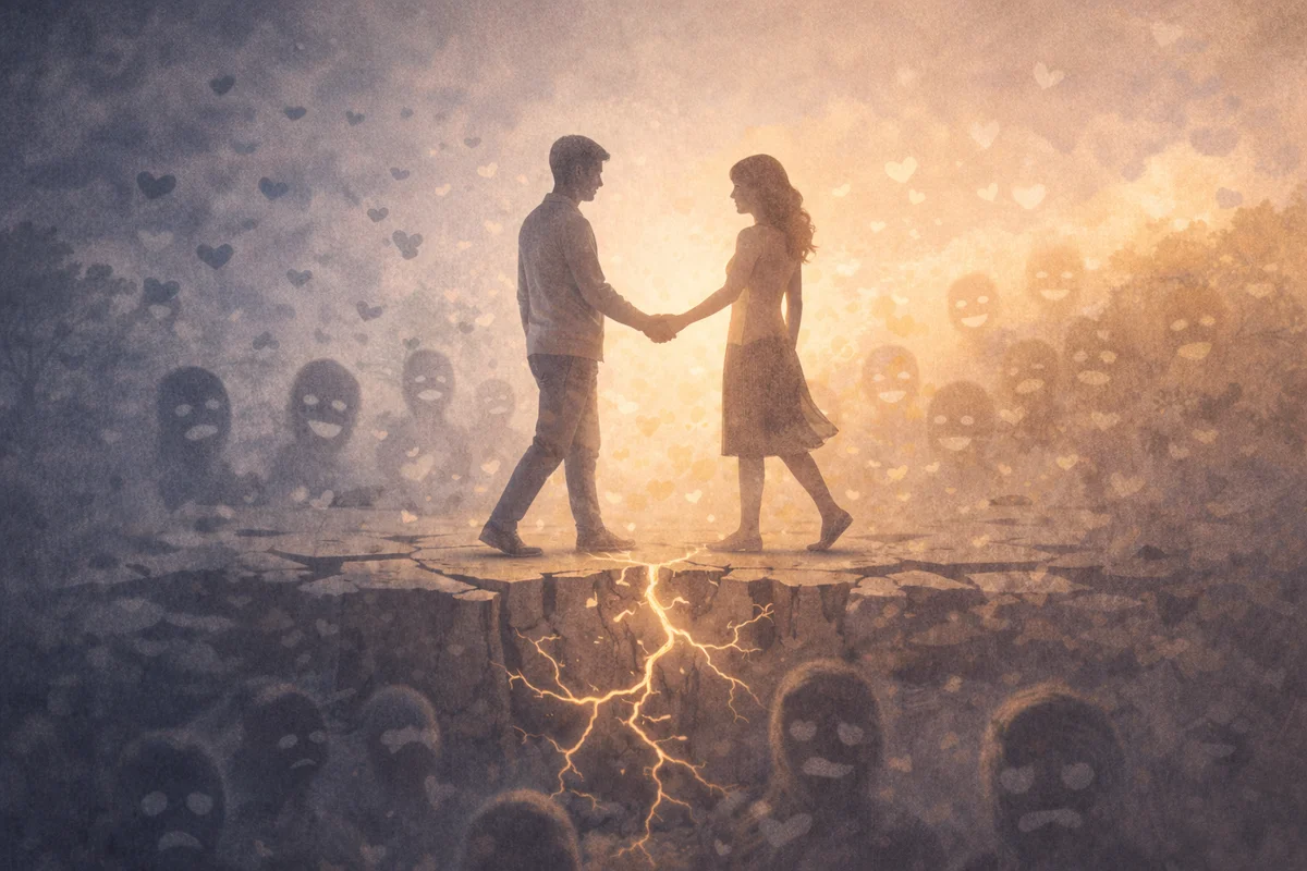 手を取り合う二人がひとつの地面に立ち、足元の奥へ不安を示すひび割れが続く構図