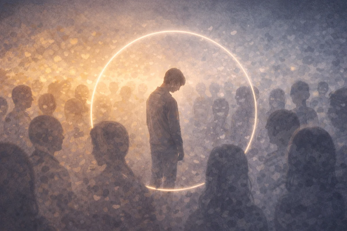 人の輪の中で一人だけ立つ人物が、柔らかな光の輪に包まれ奥行きが広がる構図