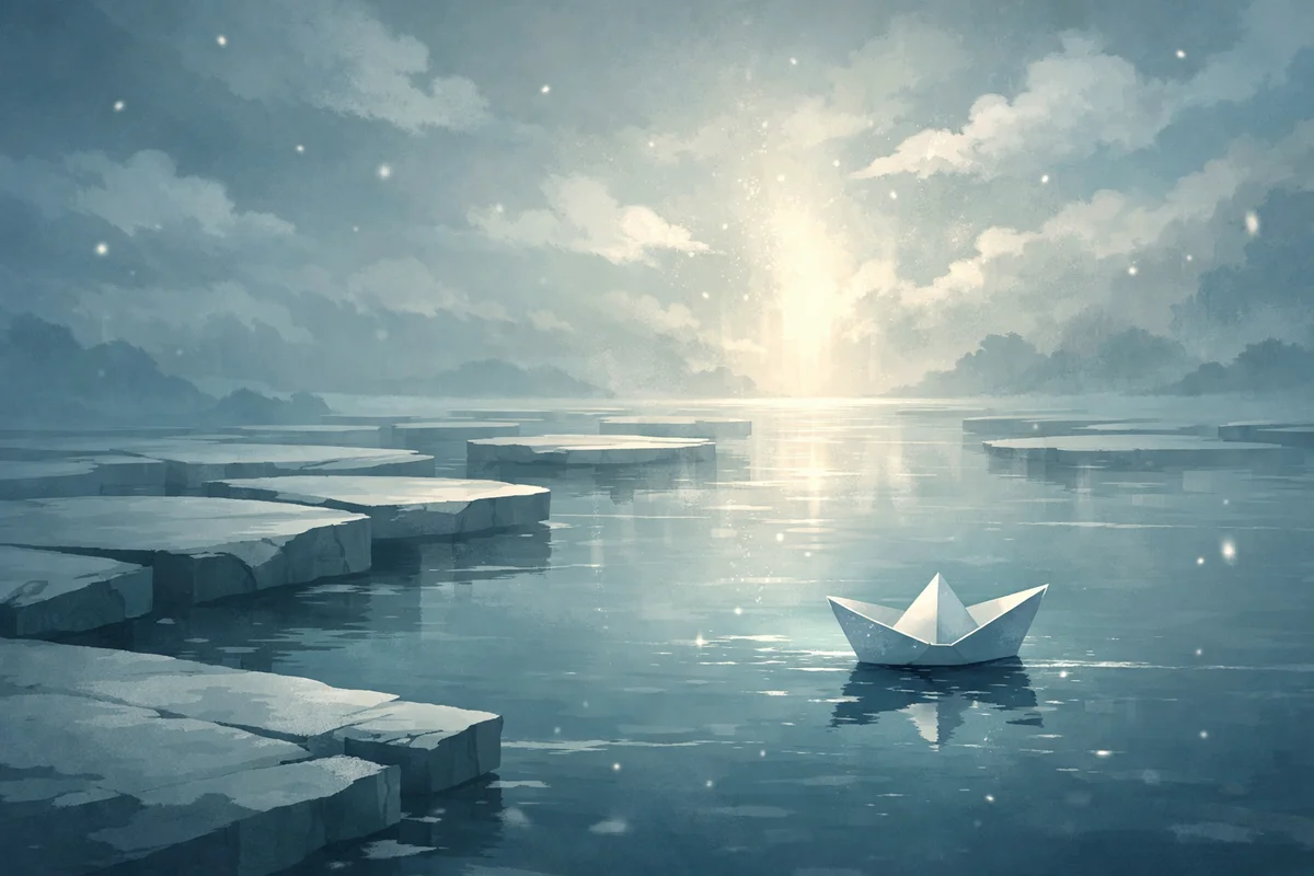 静かな水面に紙の舟が浮かび、奥へ続く断片的な足場と遠方の光が奥行きをつくる情景