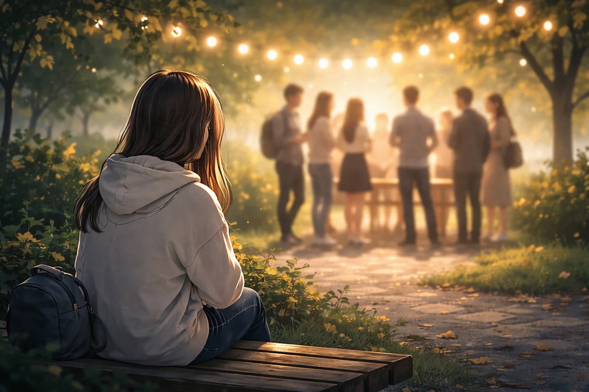 ベンチに座る一人の人物と、奥にぼんやり集う人の輪が距離と奥行きで配置された場面