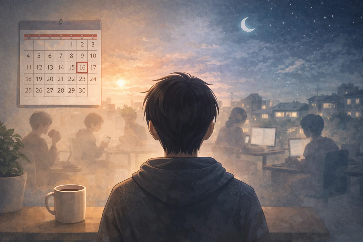 同じ配置の室内に差し込む光と奥へ続く影が時間の停滞を示す静かな空間構成の場面情景