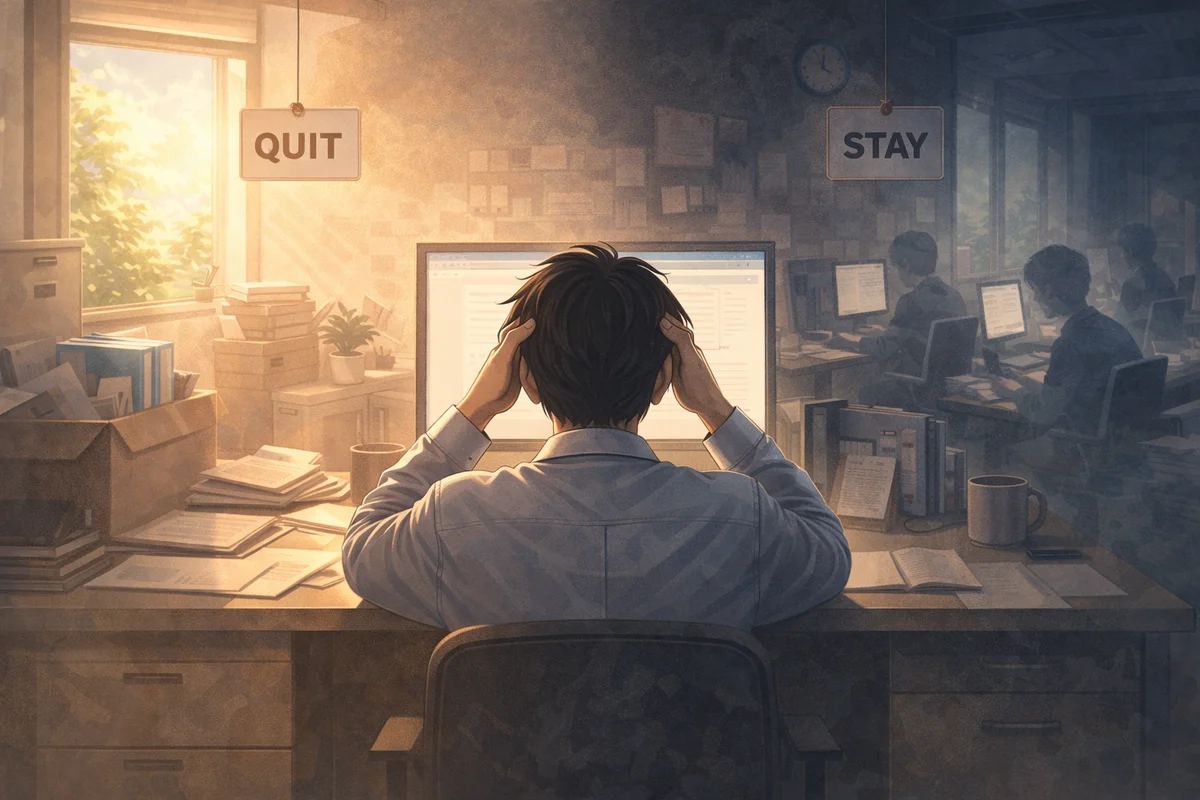 机に向かう一人の人物を中心に、奥行きの異なる作業空間と光の差が広がる室内風景