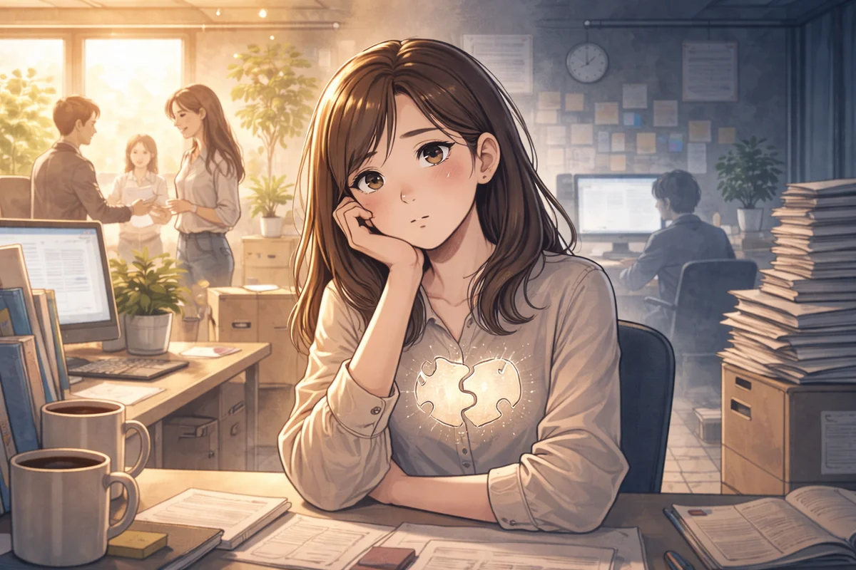 机に向かう人物の前景と、奥で動く職場空間がずれた距離感で重なる室内の情景