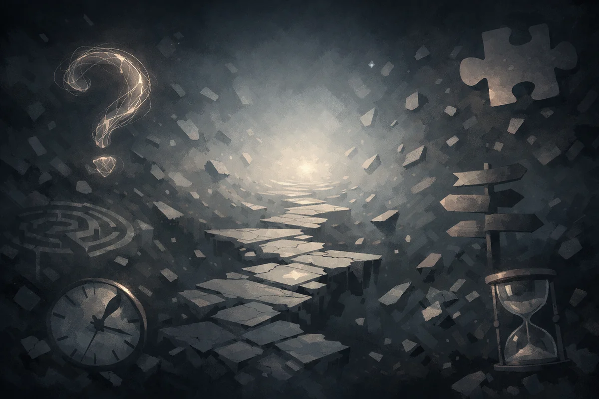 霧の空間に続く途切れた道と、周囲に浮かぶ象徴的な形が奥行きをつくる構図