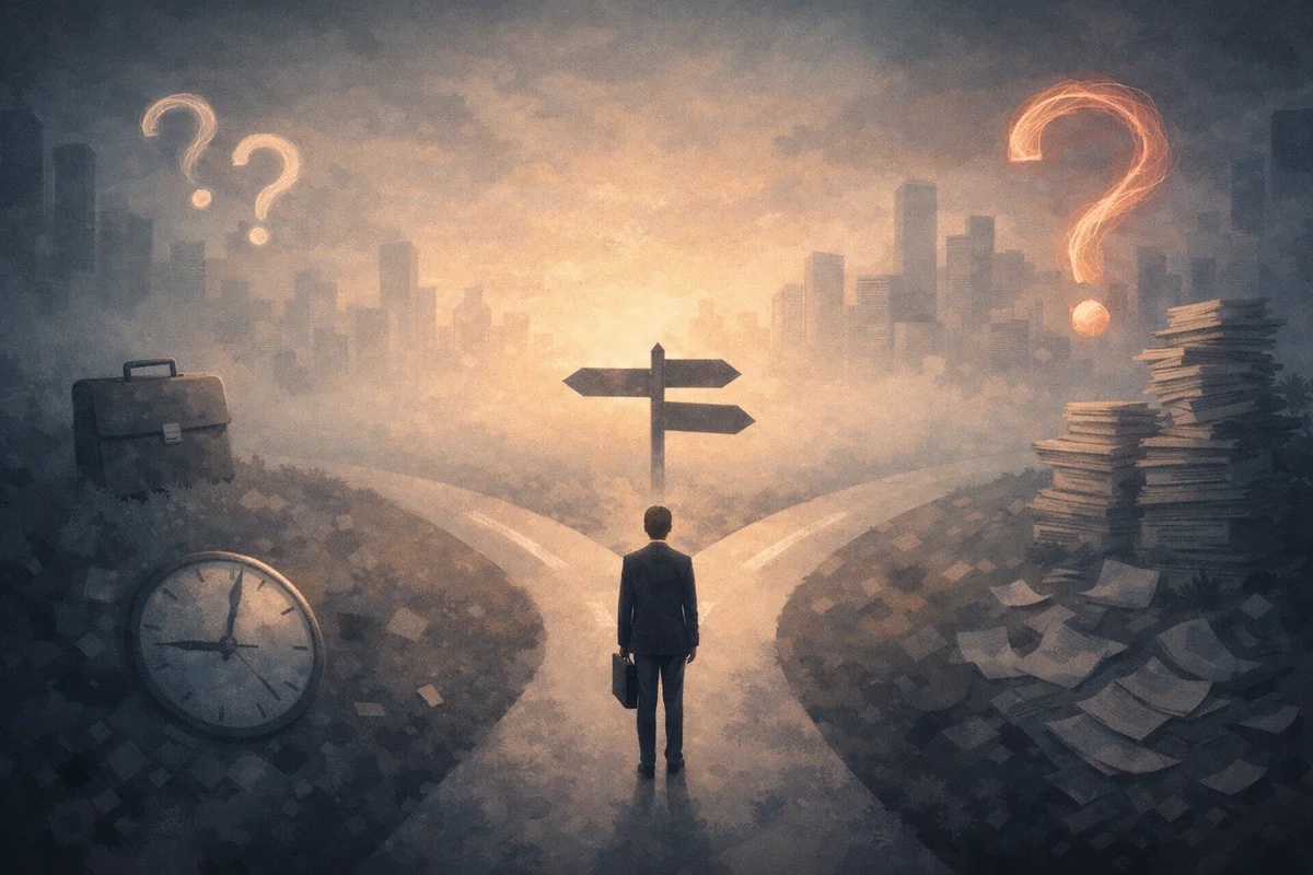 霧に包まれた分岐点に立つ人物と、奥に広がる都市景観が静かな迷いを示す構図