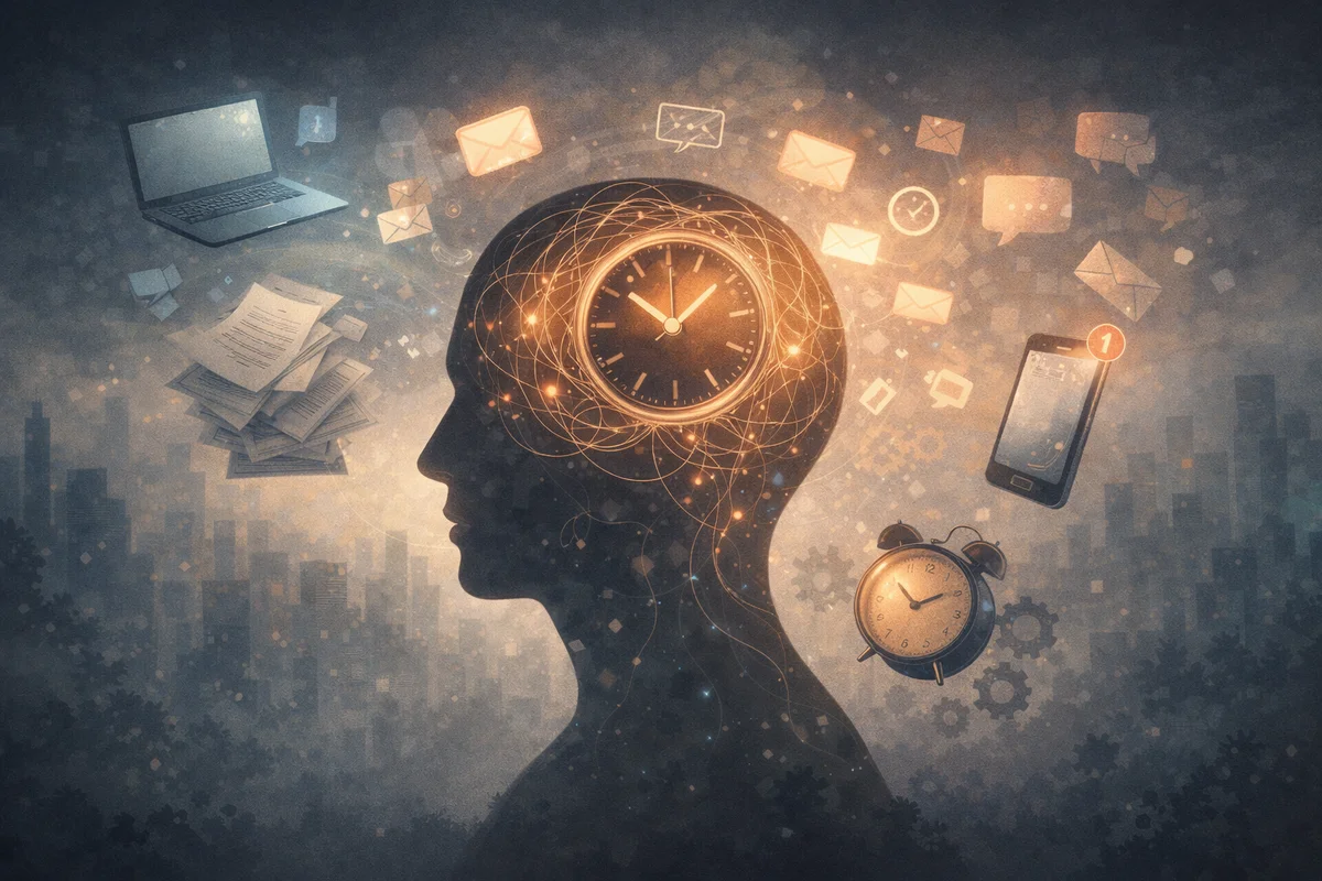 夕暮れの街を背に、思考を象徴する頭部の中で時間と作業要素が巡る構図