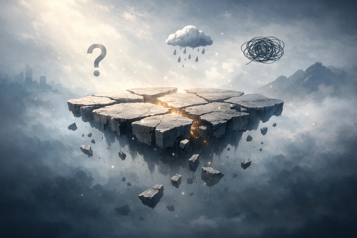 浮遊するひび割れた岩盤を中心に、奥行きのある空間に象徴的な形が静かに配置された情景