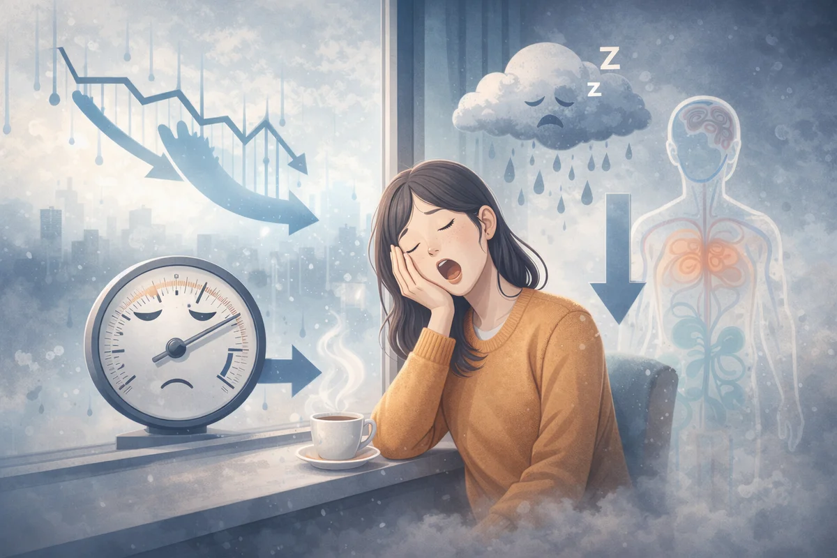 雨に霞む窓辺で気だるく座る人物と、奥に体の反応を象徴する要素が重なる静かな空間