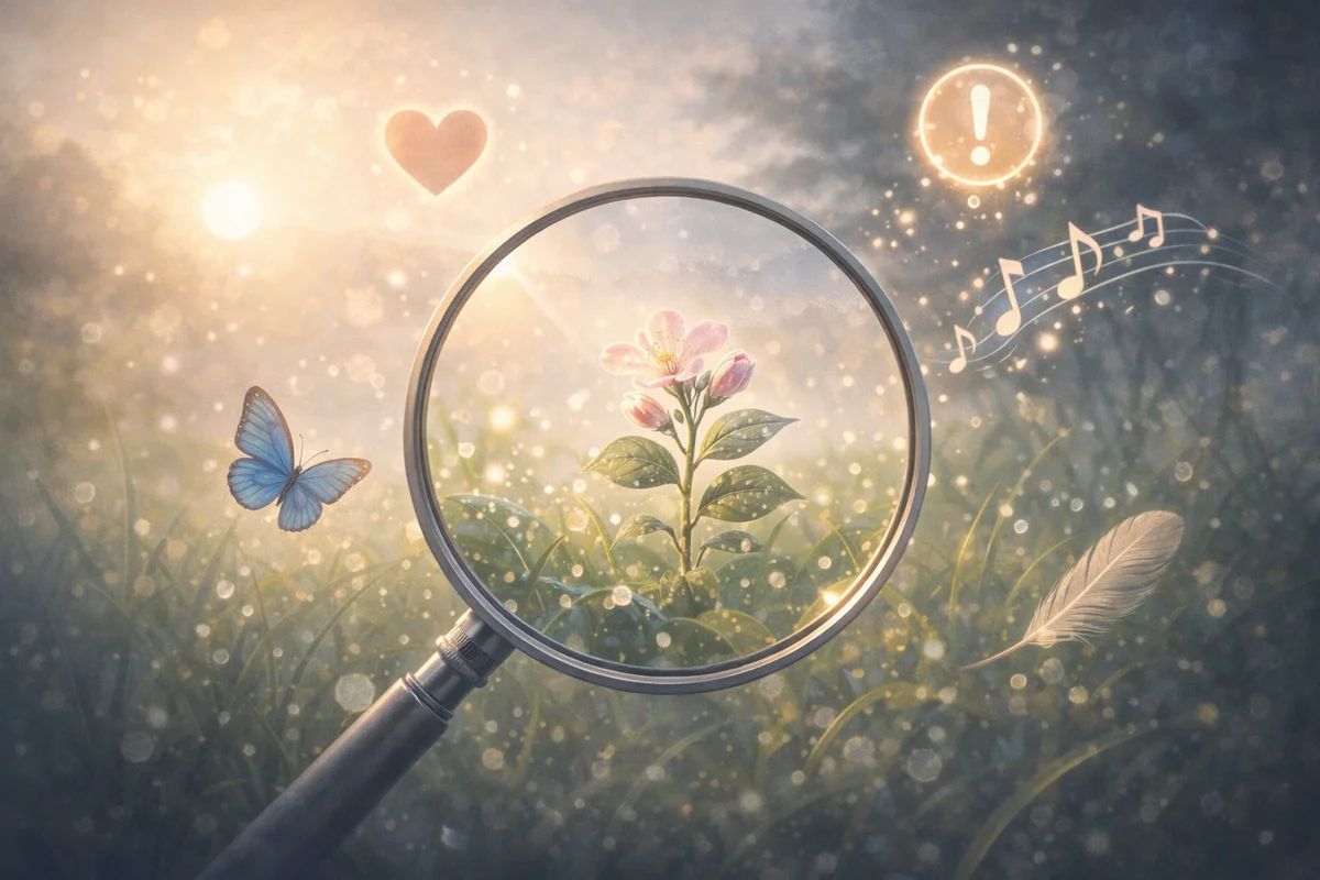 草原の中で小さな花を捉える拡大鏡と、周囲に漂う繊細な象徴が広がる穏やかな空間