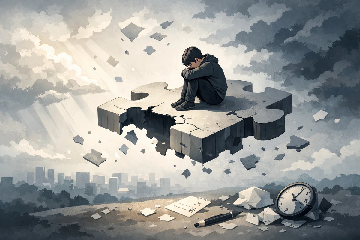 浮かぶパズル片の上にうずくまる人物と、奥に広がる空と街並みが、欠けた状態のまま立ち止まる感覚を示す情景