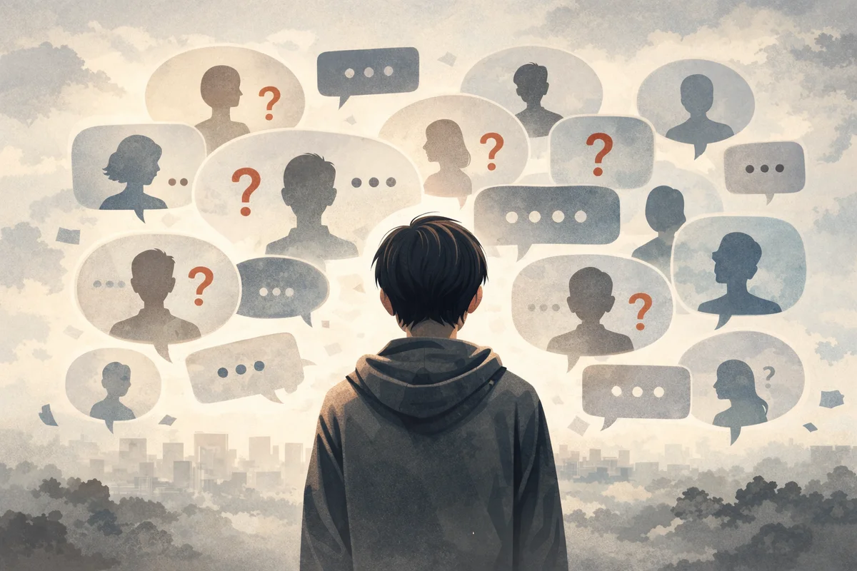 背を向けた人物の前に無数の吹き出しが漂い、奥行きのある空間の中で他者の視線を意識し続ける状態を映した情景