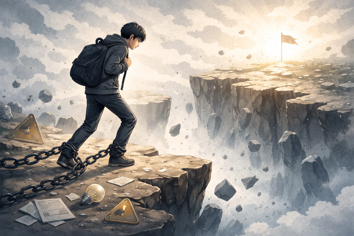 崖の手前で足を止める人物と、奥に差し込む光が、進みたい気持ちとためらいが同時に存在する空間を表した情景