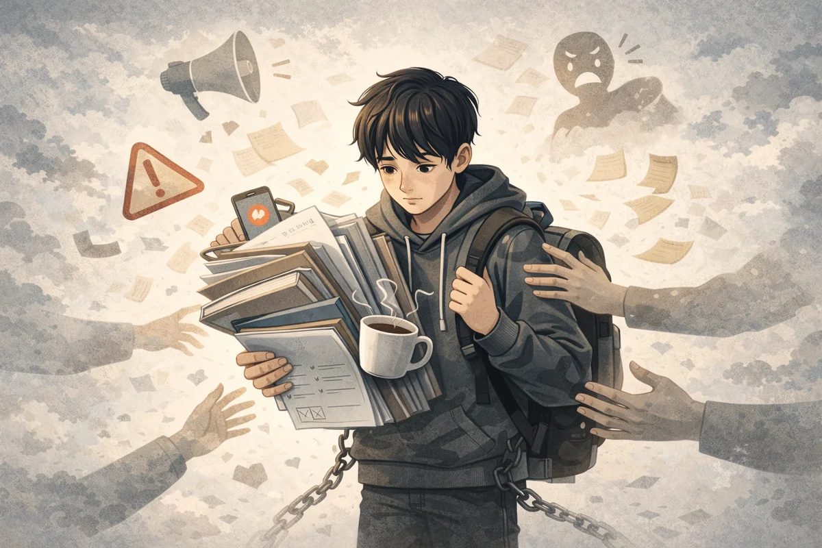 多くの荷物を抱えた人物に周囲から手が伸び、奥行きのある空間に負担が重なっていく様子を示す情景