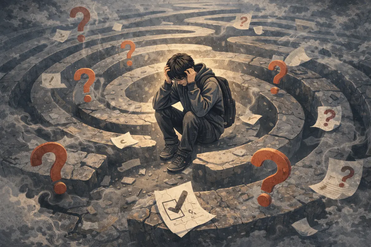 迷路状に広がる思考の中心で立ち止まる人物と、周囲に漂う断片が、答えに辿り着けない状態を表す情景