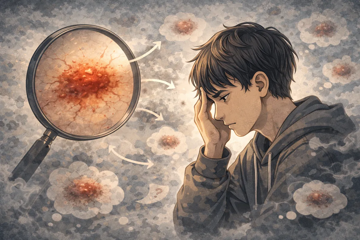 拡大鏡で一点を見つめる人物と、視線が循環する配置が、意識が離れず固着していく状態を示す情景