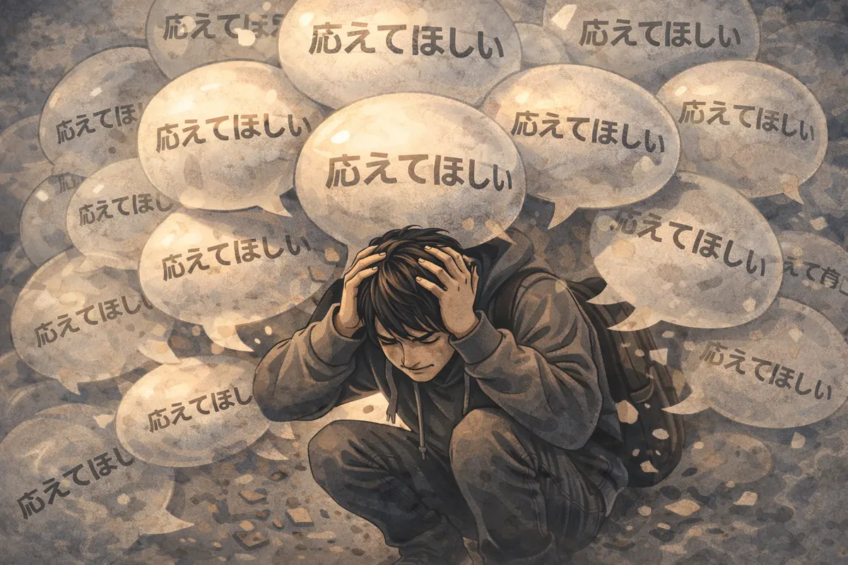 多数の吹き出しに囲まれて頭を抱える人物が、期待に押し包まれる重さを奥行きのある空間で示す情景