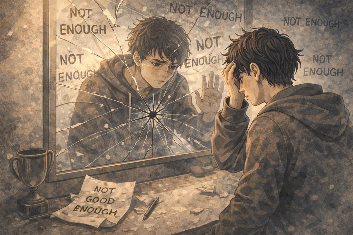 割れた鏡に映る自分を見つめる人物と、周囲に散らばる象徴物が、足りなさを意識して揺れる内面を表す情景