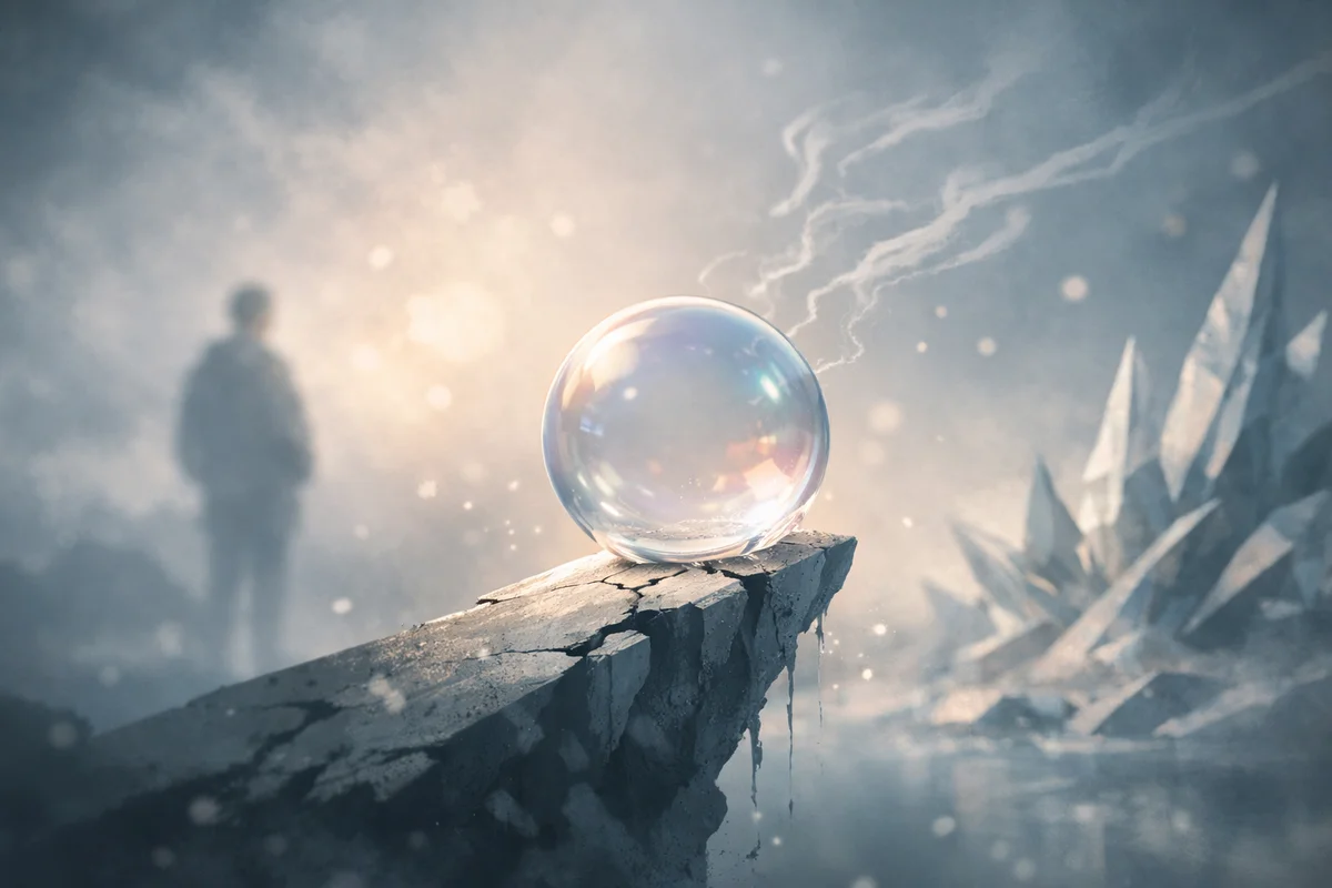 主役の透明な球体が岩の先に置かれ、奥に人物の気配がにじむ、緊張感を含んだ静かな空間構成のイラスト