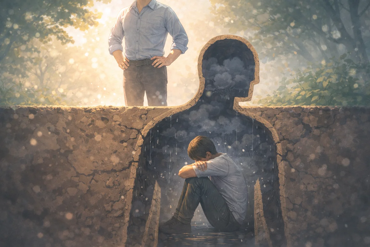 地表の明るい環境の下に人型の空洞が広がり、その奥で身を縮めた人物が静かに存在する奥行きのある構図のイラスト