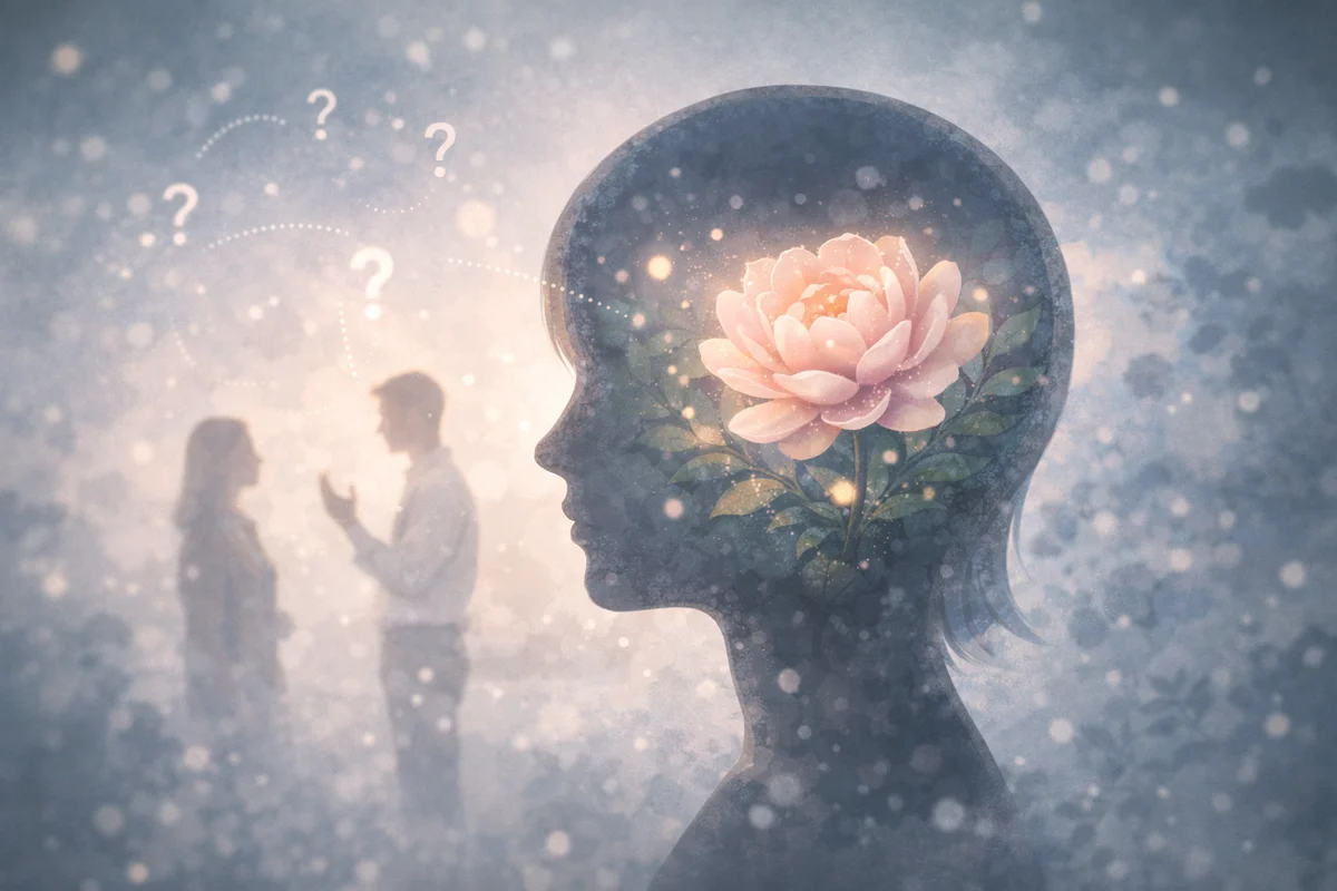 人物の横顔シルエットの内側に花が静かに咲き、奥には会話する人影がぼんやりと配置された、奥行きを感じる構成のイラスト