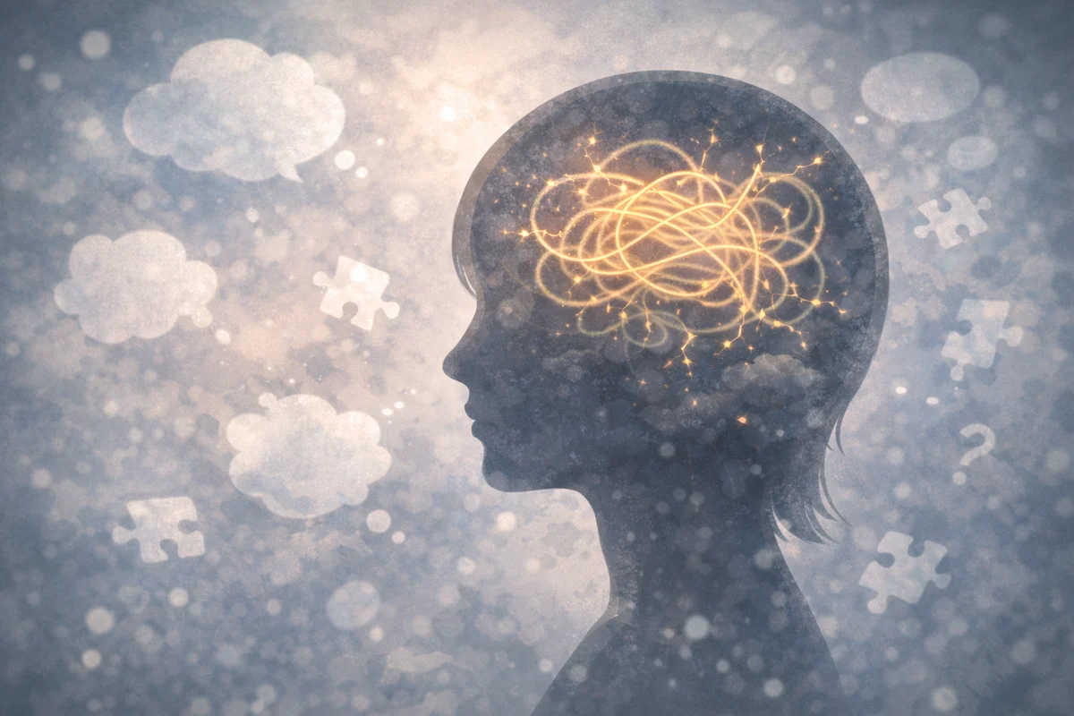 横顔のシルエットの内側に絡まり合う光の線が広がり、周囲に思考の断片が浮かぶ奥行きのある空間構成のイラスト