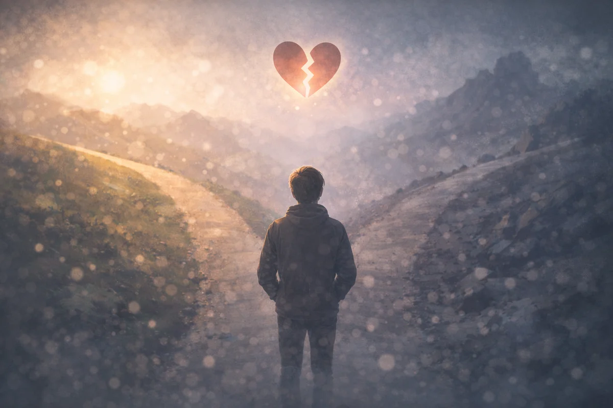 分かれ道の中央に立つ人物の背中が描かれ、奥へ続く道の広がりと迷いを含んだ空気感が伝わる構図のイラスト