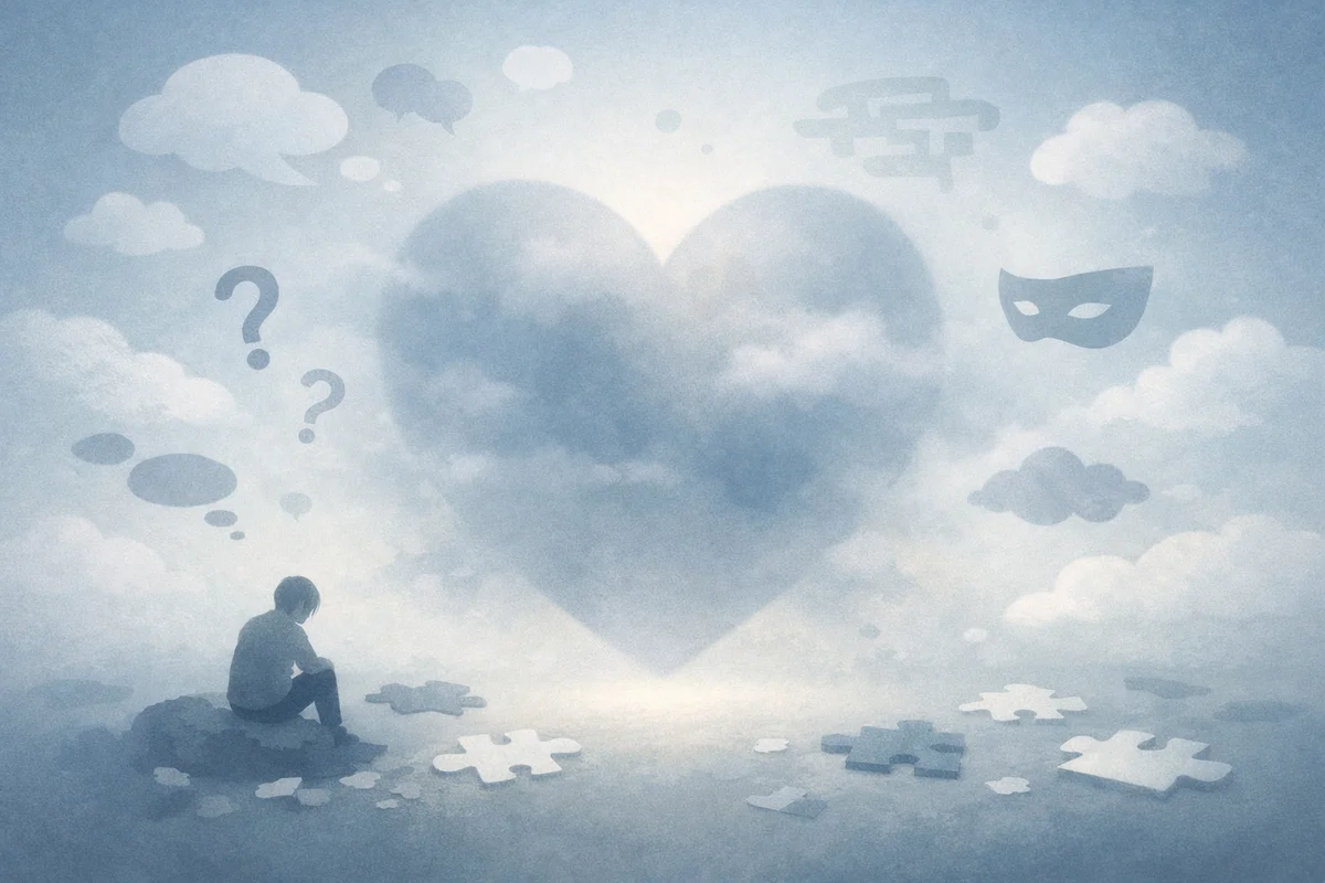 霧に包まれた半透明の心臓形の象徴と、手前で座る小さな人物が奥行きのある空間に配置された静かな構図