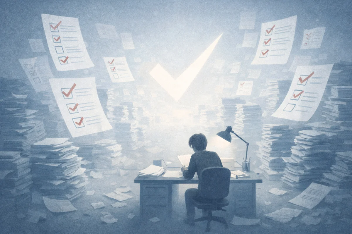 大量の書類に囲まれ机に向かう人物と、奥で淡く光る大きなチェック形が広がる奥行きのある空間