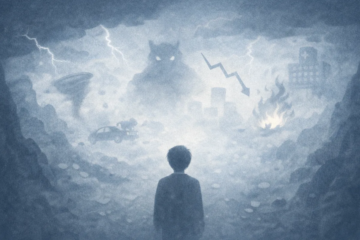 霧の谷間に立つ小さな人物の前方に、嵐や影が奥へ広がる不透明な風景が続く奥行きある構図