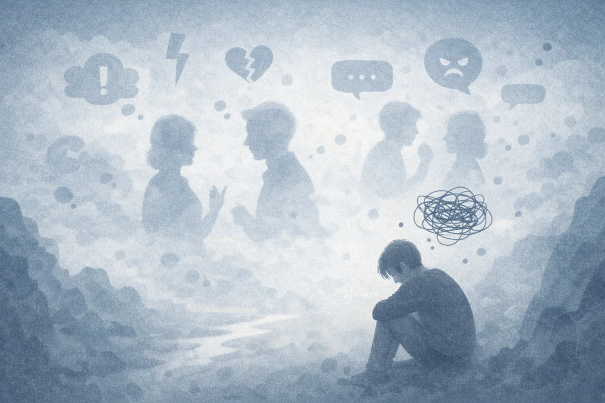 霧の空間に座る人物の背後で複数の人影が奥へ重なり、絡まる線が広がる奥行きある構図