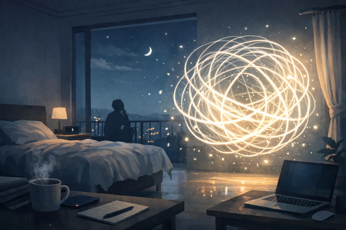 夜の寝室に浮かぶ光の渦と窓辺の小さな人物、奥へ広がる静かな空間構成