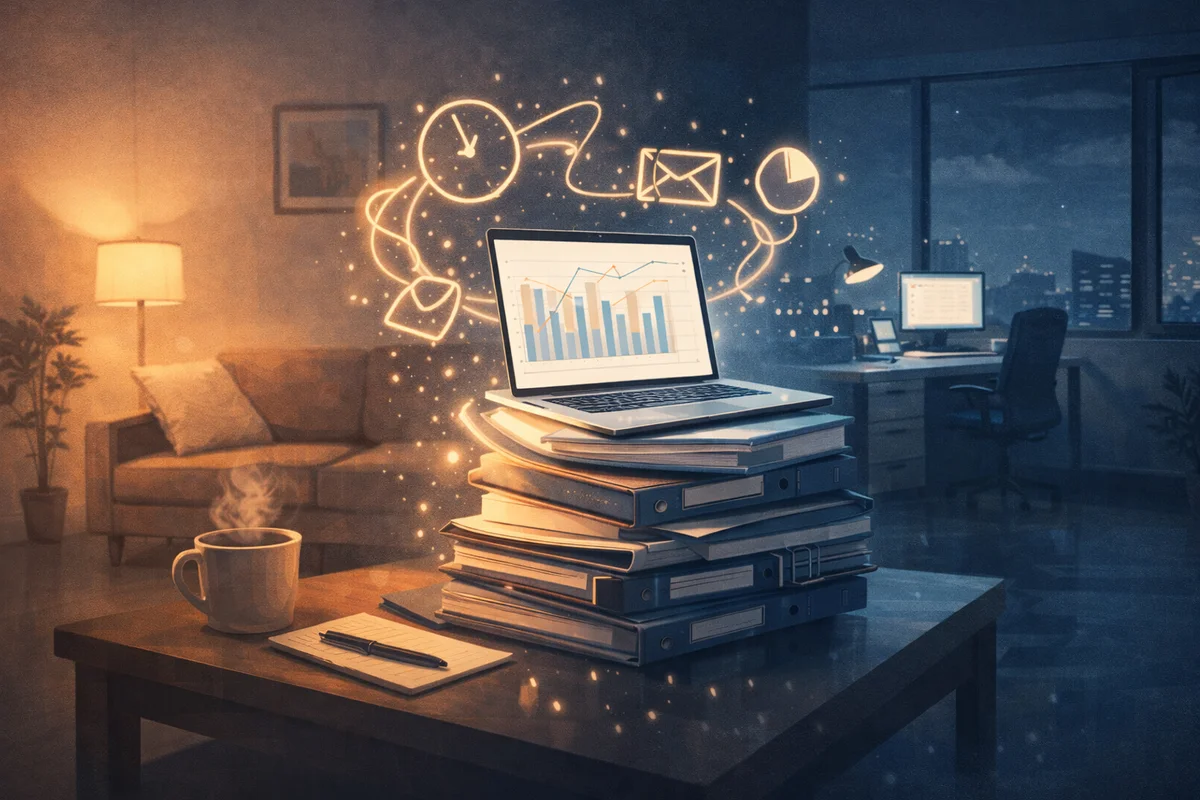 書類の山と光の軌跡が重なる室内、奥へ続く机と夜景が広がる空間構成