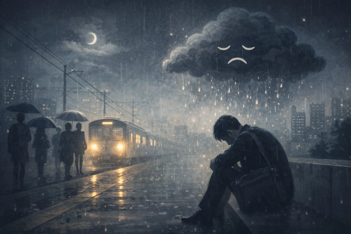 雨の駅ホームに座る小さな人物と奥へ続く線路、空間全体に沈む重い雲の広がり