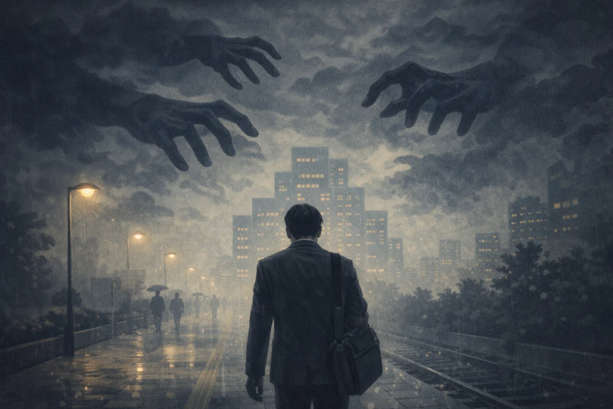 霧の街を歩く小さな人物と奥にそびえる建物、空へ広がる重たい気配のある構図