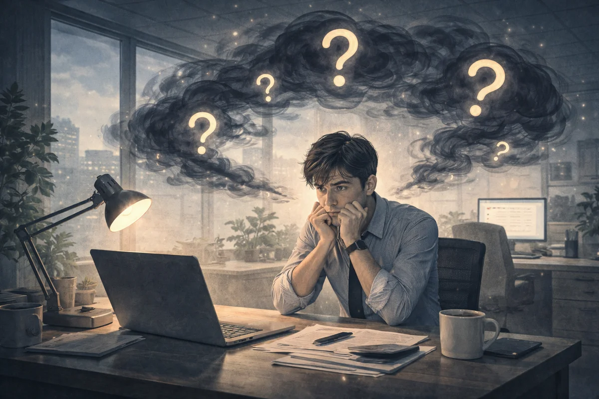 机に向かう小さな人物の上に渦巻く暗い雲、奥へ広がる静かな室内空間