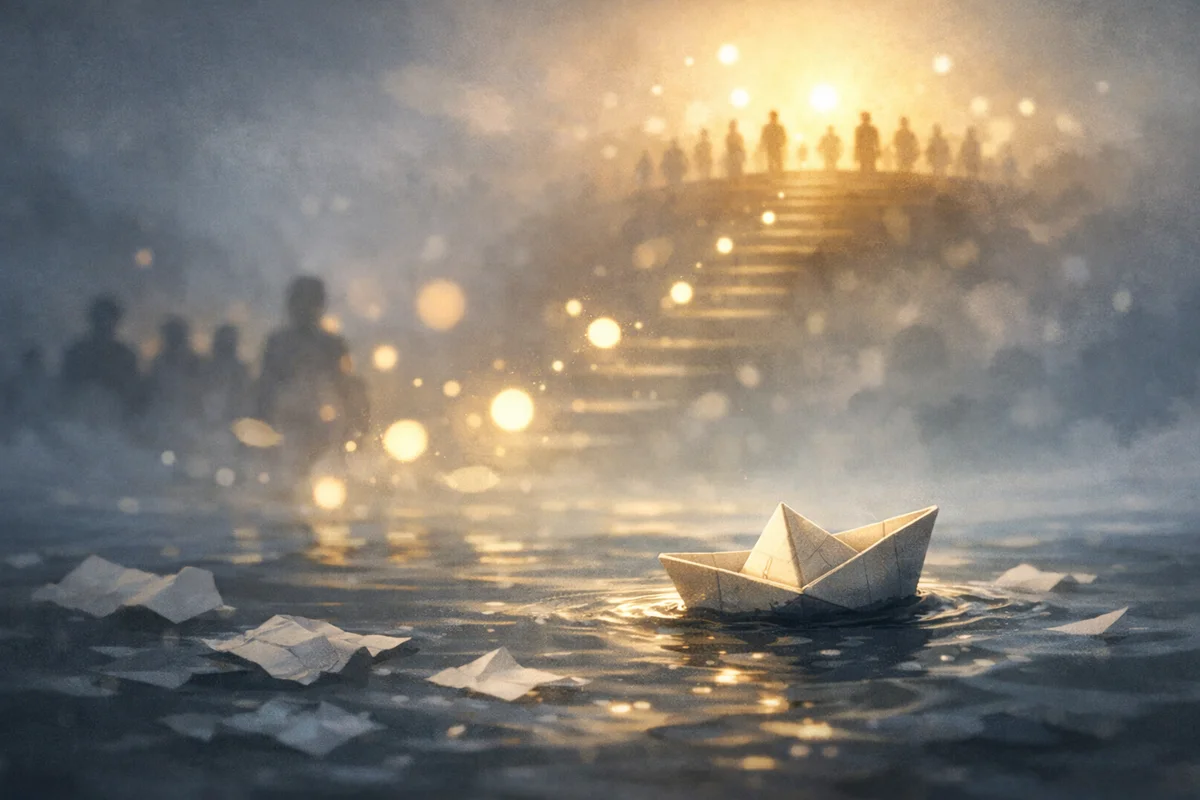 水面に浮かぶ一艘の紙舟と、奥へ続く光の階段がにじむ幻想的な空間