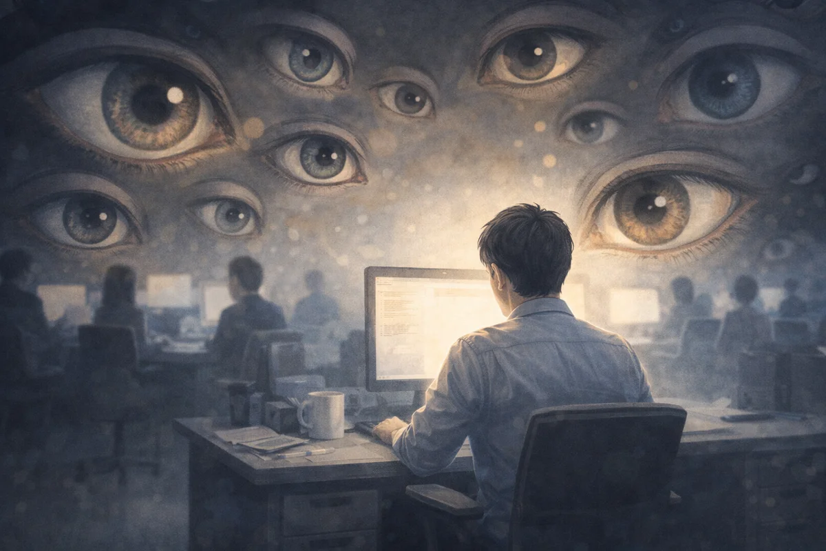 デスクで作業する人物を中心に、奥の空間へ多数の視線が漂う静かなオフィス風景