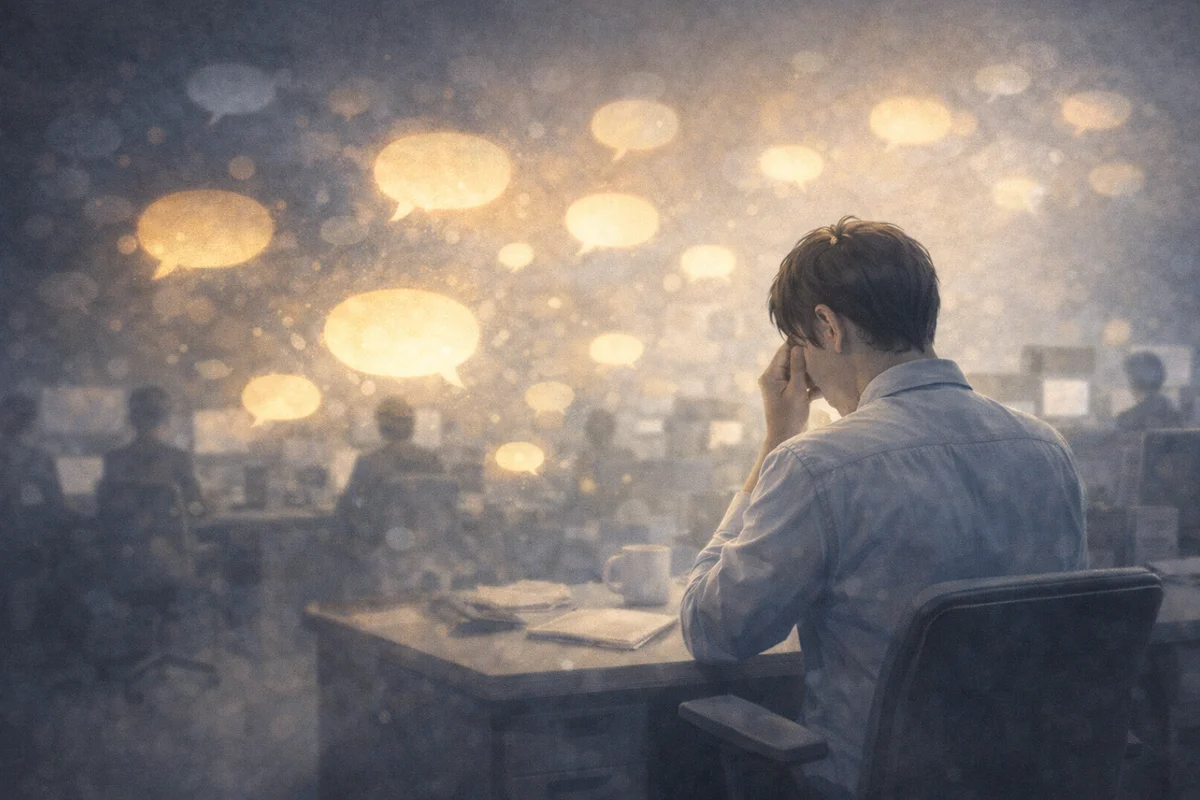 デスクに座る人物の周囲に淡く光る吹き出しが漂い、奥へ広がるオフィス空間がにじむ情景