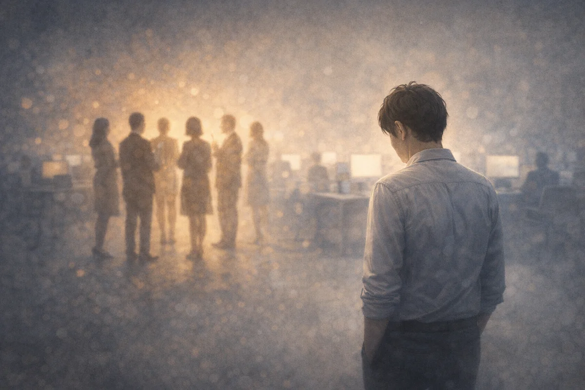 手前に立つ一人の人物と、奥で柔らかく集まる人影が広がる静かな職場空間