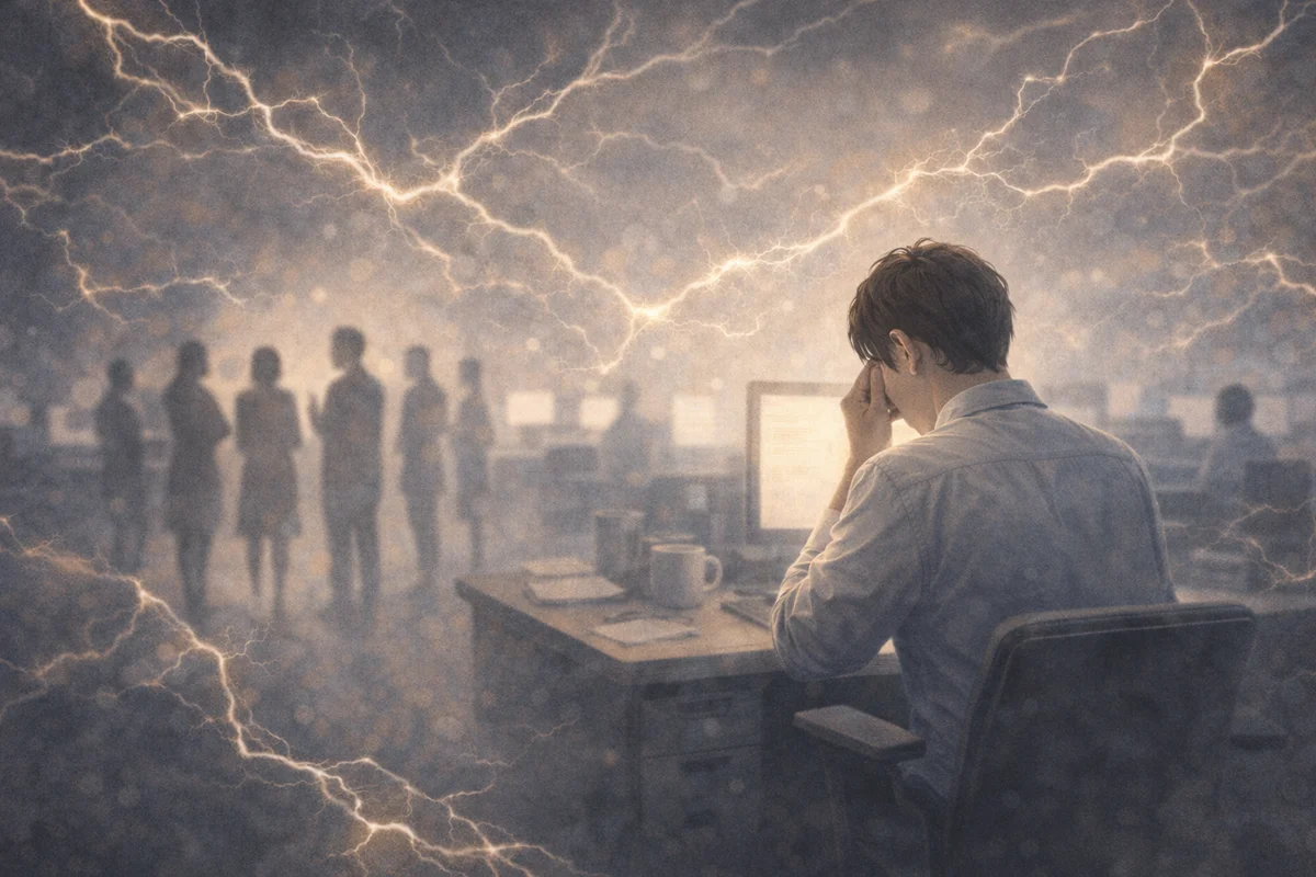 デスクに座る人物を中心に、奥へぼんやり広がる人影と淡い光がにじむ職場空間