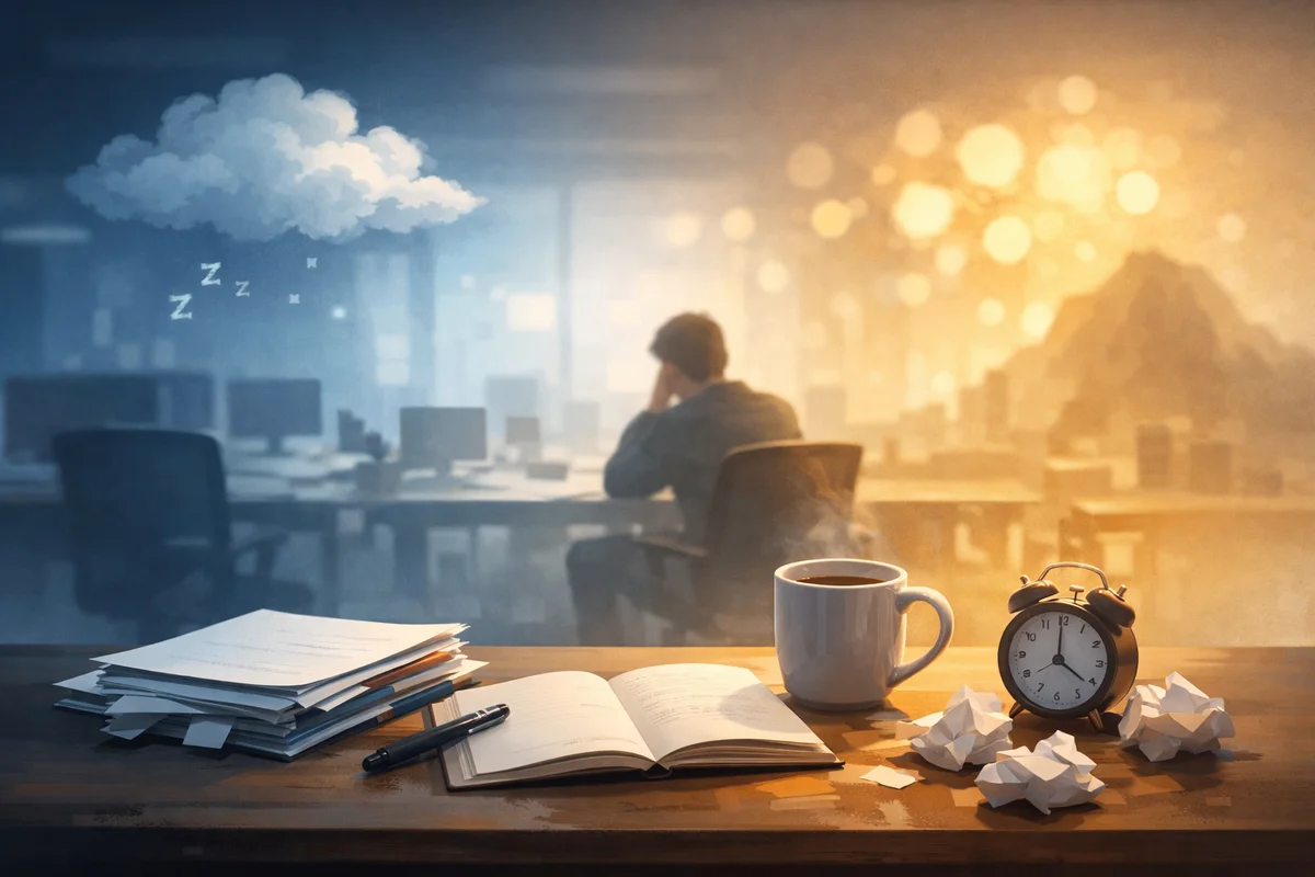 デスク上の開いたノートと湯気立つマグ、奥へ続く静かなオフィス空間