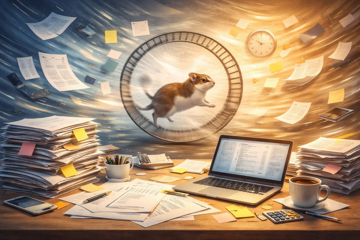 回し車を走る小動物と渦巻く書類、手前に広がる作業机と奥行きのある空間